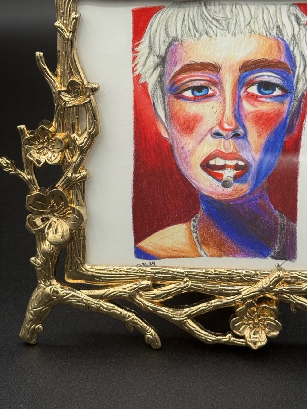 NWOT- 4.25”x5.25”, Small Gold Floral Picture Frame with Colorful Portrait Art - Picture 2 of 5